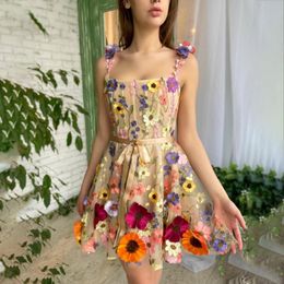 Vestidos de fiesta Laxsesu Super Mini Floral Vestido de fiesta 3D Flowes Correas Apliques coloridos Vestido de noche 2022 Tallas grandes Celebrity DressParty