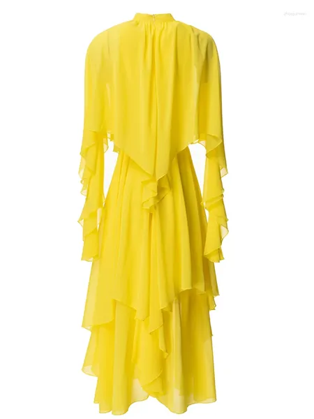 Robes de soirée LD Linda Dell Summer Fashion Runway Vintage Robe jaune Femme irrégulière à volants manches chauve-souris vacances en bord de mer