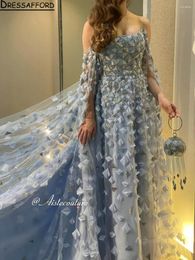 Feestjurken lichtblauwe kristal kralen linten dubai prom a-line met cape 3d bloemen Arabische formele jurken