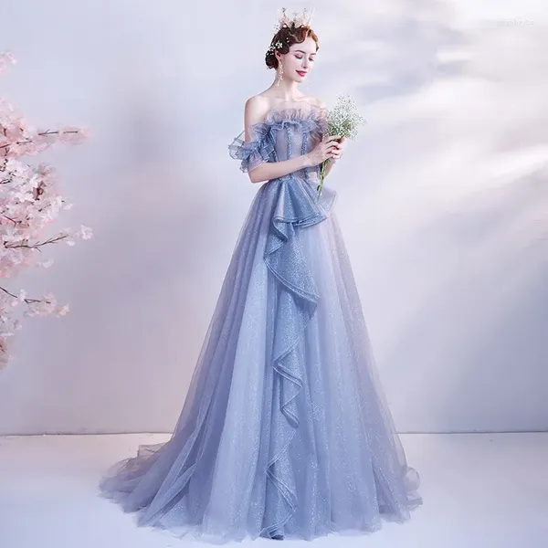 Robes de fête Robe de soirée bleu clair perle de fée de fée une ligne à volants en tulle robe à paille