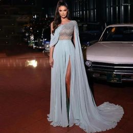 Robes de fête Blue Blue Prom Prom One épaule A-Line Side Slit Perles de soirée Robe de soirée Saudi Arabie Célébrité Gownscl-420