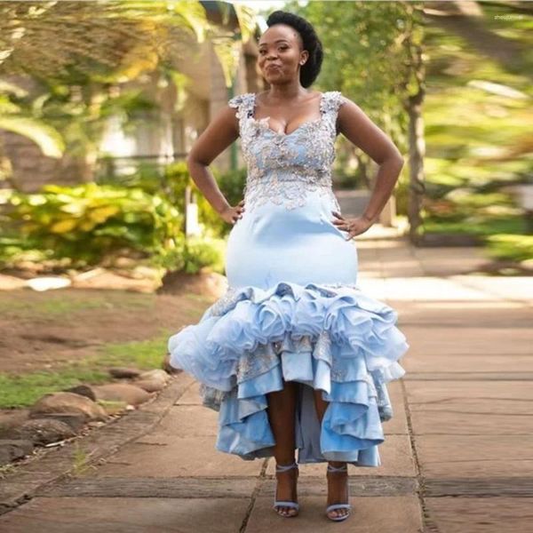 Vestidos de fiesta Light Sky Blue Prom Lace Appliques Singless Ruffles Tiered Light Low Evening Vestidos Africanos Vestido formal