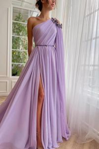 Robes de soirée lilas en mousseline de soie soirée avec fente pour les femmes longues appliques violettes une épaule robe de bal Musilm robes de Coquetel