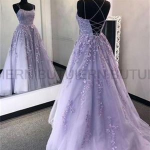 Vestidos de fiesta Lilac Lace Prom Vestidos Spaghetti Straps Vestido de Fiesta Abierto de regreso A Line Women Gowns Long Formal Evening Gow2602