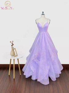 Feestjurken lilac long prom 2024 glitters tule ball jurk spaghetti riem mouwloze avondjurken op maat gemaakt