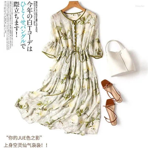 Robes de fête Limiguyue Silk Floral Imprimé floral mince robe d'été Lace Up Ruffle Ruffle High TAILLE A-LINE MIDI VESTIDOS FEMMES CONCUSTÉS Z109