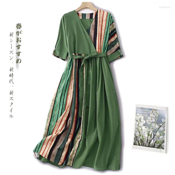 Robes de fête Limiguyue Patchwork littéraire Stripe Long Robe Femme Summer Retro Cotton Linen Lace Up A-Line Pocket Casual Vestidos E456