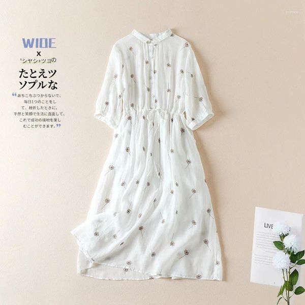 Robes de fête Limiguyue Summer Floral Broidery Cotton Linen Robe à manches courtes Colliers Collier Élastique DrawSill MIDI U820