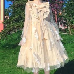 Robes de soirée Lolita Fairy Dress Summer Japonais Sweet Girls Net Fil Bow Dentelle Plume Lotus Feuille Collier À Manches Longues Princesse