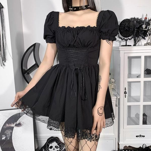 Vestidos de fiesta Lolita Mini Vestido Mujer negro gótico Vestido corto japonés blanco Kawaii cintura alta Puff manga Robe Femme