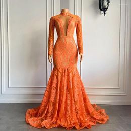 Feestjurken Long Elegant Prom 2023 High Neck Sleeve Orange Pargin Black Girls Mermaid Real Gala Jurkens