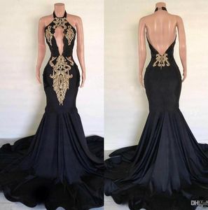 Feestjurken Lange zeemeermin Prom 2023 Halter Gold Applique Satin Backless African Black Girls 'Formele avondjurken