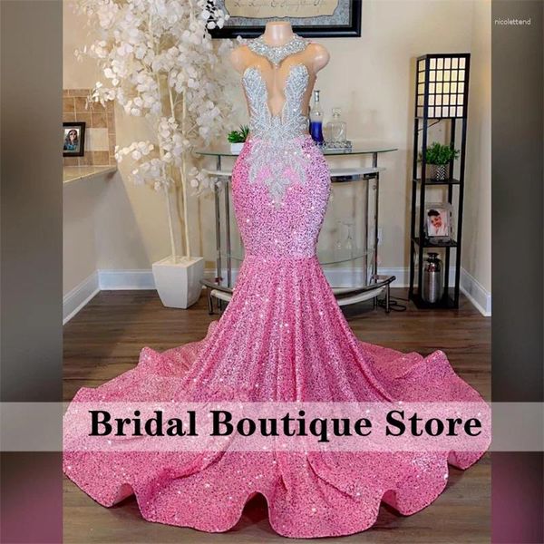 Vestidos de fiesta Long Pink PROM 2024 Diamantes Mermaid Estilo de lujo Rhinestones brillantes Cristales Sequin Black Girls