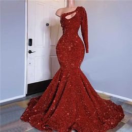 Feestjurken Lange prom -jurk Sparkly Glitter Pargin Sexy Top Afrikaans meisje Mermaid Een schouder Rode aankomst 220923