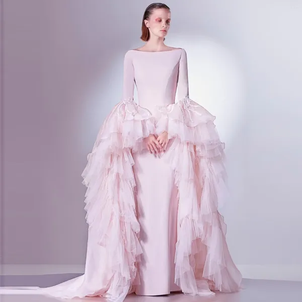 Robes de soirée à manches longues soirée bébé rose robe élégante pour les femmes volants tulle avec train moulante bal fermeture éclair