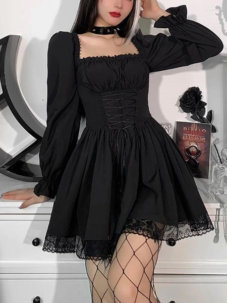 Robes de soirée manches longues robe Lolita noire femmes Goth esthétique manches bouffantes taille haute pansement Mini Feamle dentelle