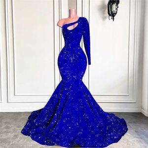 Robes de soirée longue robe de bal scintillante une épaule bleu royal paillettes style sirène filles noires robes de soirée de bal image réelle 220923