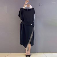 Robes de fête en vrac noire pavillon femme robe d'été asymétrique ceinture de la courroie du genou