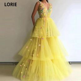 Robes de soirée LORIE 3D fleurs jaune bal longue double col en V sans manches à plusieurs niveaux robe de soirée formelle a-ligne robe de princesse de plage