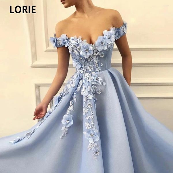 Vestidos de fiesta lorie baby blue princess baile fuera del hombro flores 3d vestido de noche vestido de larga talla grande hecha personalizada