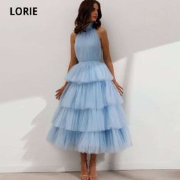 Feestjurken Lorie Blue prom -jurken High Neck Tiered TuLle Tea Lengte Backless Zomer Arabisch trouwfeest Jurk Afstudeerjurk 230310