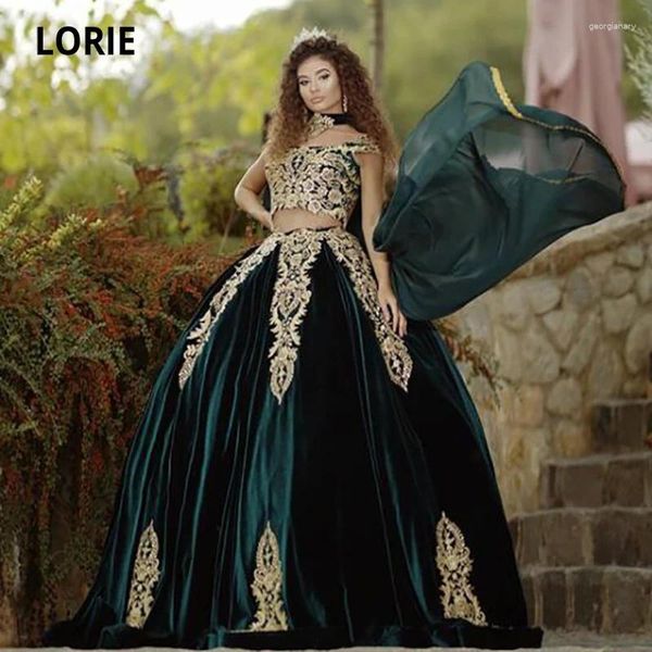 Vestidos de fiesta Lorie Caftan Marocain Evening Vestido de dos piezas Apliques de oro Green árabe Velvet Velvet Vestido Abendkleider