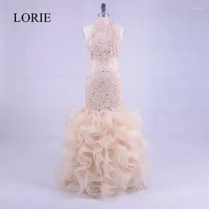 Feestjurken Lorie Champagne Mermaid Evening Long Sheer Lace Women Tiered Prom Jurk formele jurk vloer lengte