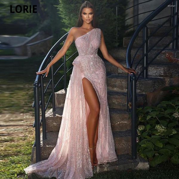 Robes de fête lorie une épaule rose tulle sirène balaid paillettes paillettes robes de jambe sexy slit célèbre vestido de noche