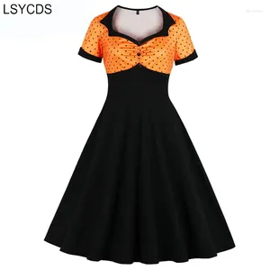Robes de fête lsycds femmes habillent orange et noir haut taille vintage des années 1950, épingle en cœur bouton de bouton avant polka dot