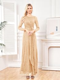 Robes de soirée Lucyinlove luxe à manches longues col rond robe de soirée femmes mariage paillettes pour femmes invités bleu bal robes de cocktail 230504