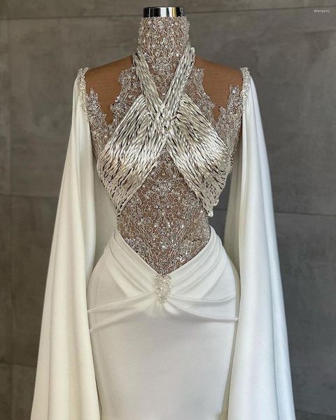 Robes de soirée Luxueux Cristal Perlé Paillettes Croisé Sirène Robe De Soirée Col Haut Dubai Femmes Formelle