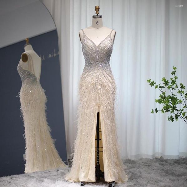 Robes de soirée de luxe perlées sirène plumes bal 2023 sexy bretelles spaghetti dos nu rose rose robe de soirée arabe robe formelle