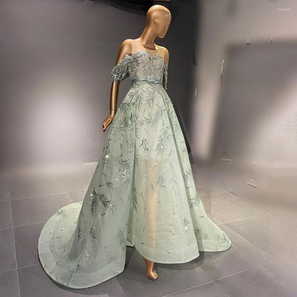 Robes de soirée de luxe perlées vert menthe Dubai soirée 2023 élégante épaule dénudée arabe robe de fiançailles formelle pour les femmes de mariage