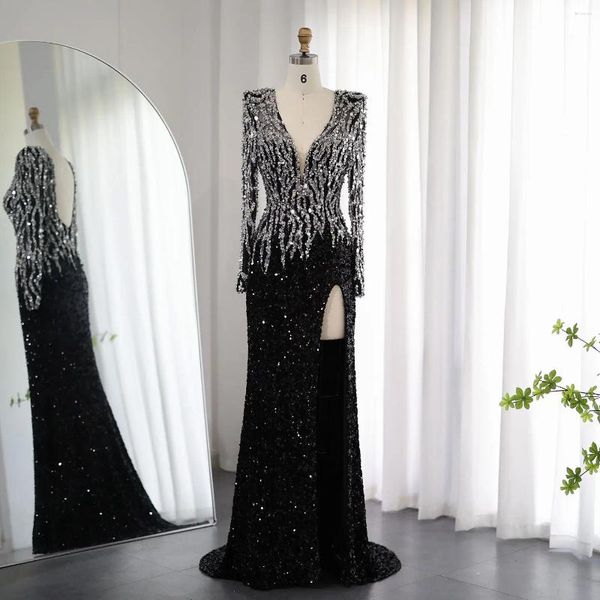 Robes De soirée De luxe noir sirène Dubaï soirée 2023 élégant col en v manches longues femmes arabes robes formelles Robe De Noche