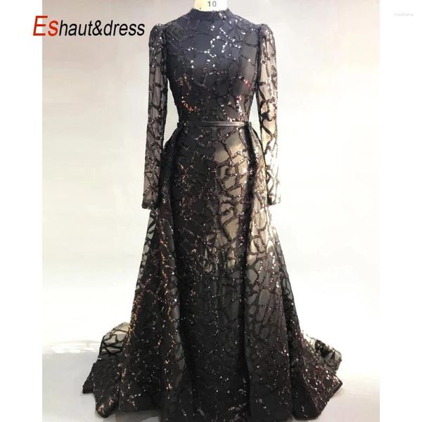 Robes de fête Luxury Dubaï noir / borgogne Sequins Sirène Robe de soirée 2024 Manches longues à manches hautes et à manchette de bal détachable