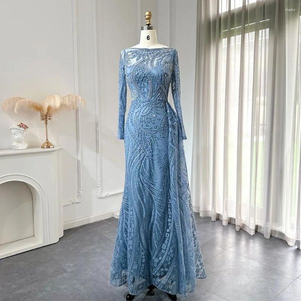 Robes de fête luxe Dubaï Blue Sirène musulmane robe de soirée Overskirt à manches longues plus taille pour femmes robes de mariage