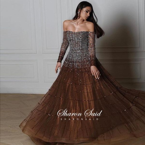 Robes de soirée de luxe dubaï hors épaule robe de soirée marron à manches longues or cristal arabe femmes formelles robes de mariée musulmanes