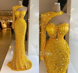 Robes De Soirée De Luxe Soirée Jaune Vif Paillettes Perles Halter Sirène Robe De Bal Manches Longues Robes Personnaliser Robe De 230310