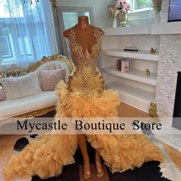 Robes de fête Luxury Gold Beded Long Sirène Robe de bal 2024 pour les cristaux de fille noire ébouriffes