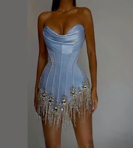 Feestjurken luxe mini prom met s strapless hemelsblauwe satijnen optocht jurk schede speciale gelegenheid jurk kort 2302167595766