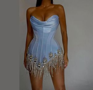 Feestjurken luxe mini prom met s strapless hemelsblauwe satijnen optocht jurk schede speciale gelegenheid jurk kort 2302168246203