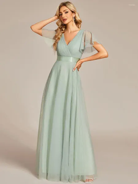 Robes de soirée de luxe mère de la robe de mariée femme col en V longueur au sol 2023 sexy en mousseline de soie menthe vert demoiselle d'honneur