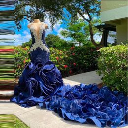 Robes de soirée de luxe bleu marine satin robes de bal femmes brillant cristal formel 3D dentelle appliques robe de sirène volants long train