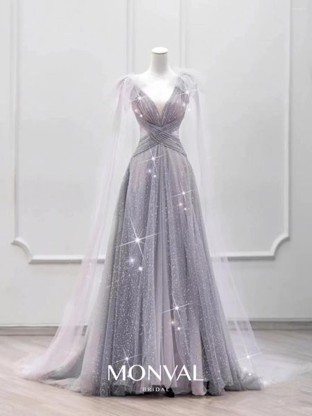 Robes de fête Luxury Purple Grey Evenage Cape Châle V Cou couché plissé Crystal arabe Dubaï Mariage Formelle Robes de bal 2024