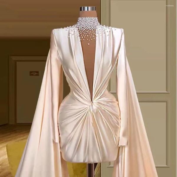 Robes de fête Robe de bal de satin de luxe pour femmes 2024 de haute qualité en V à col en V Pleed Perls Neck jupe au-dessus des robes de soirée au genou