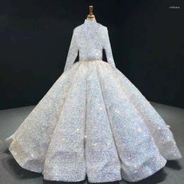 Robes de soirée de luxe Arabie Saoudite Robe de mariée Mariée Fantaisie Paillettes Col montant à manches longues Soirée Élégante Bal Dres A077