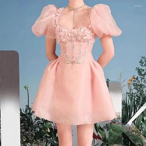 Robes de soirée de luxe doux été rose maille manches bouffantes robe de soirée courte piste femmes col carré perles paillettes princesse