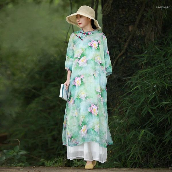 Robes de fête lzjn femmes décontractées lâches Bohemian Robe imprimée florale Summer Qipao rétro élégant avec des boutons de grenouille chinoise