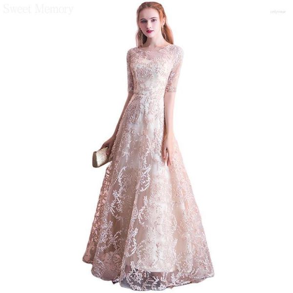 Vestidos de fiesta M5118 Champagne Lace Graduation Prom Vestidos de noche Mujer elegante Chica Lady O-cuello Hasta el suelo Vestido para ocasiones especiales