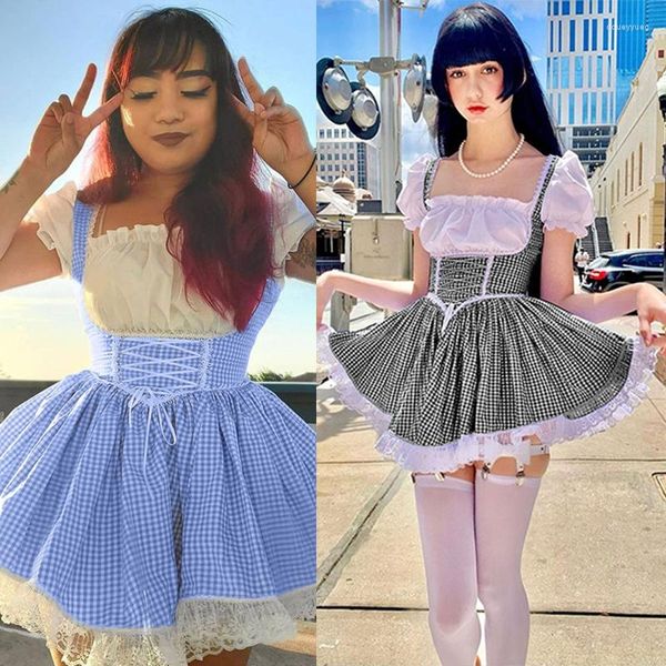 Vestidos de fiesta M89E Mujeres Lolita Puff Manga corta Estampado a cuadros Mini vestido plisado Anime japonés Maid Lace-Up Cordón de cintura alta Una línea con volantes